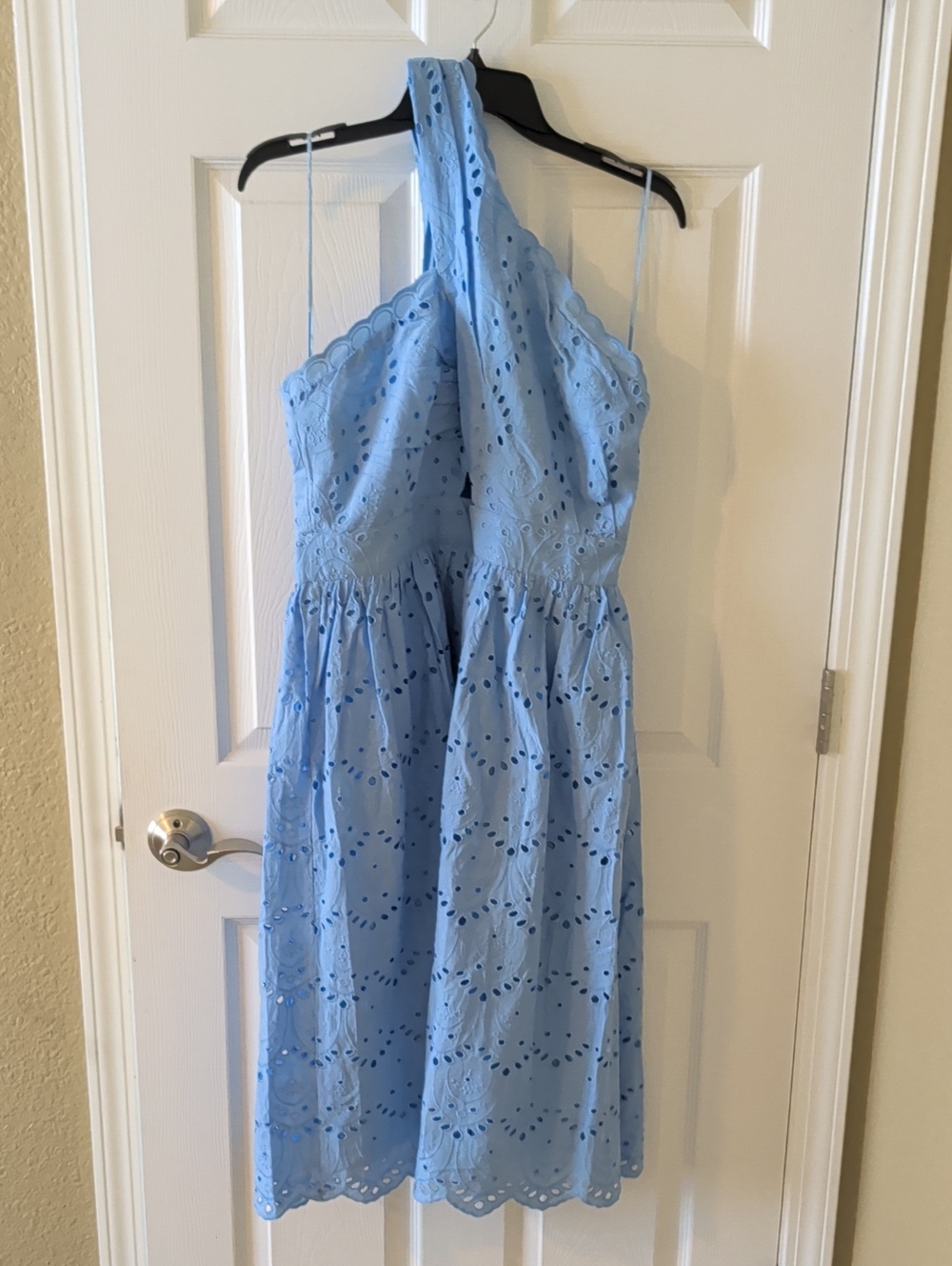 French Connection Powder Blue One-Shoulder Eyelet Dress